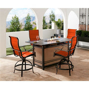 Hanover - Traditions5pc: 4 Padded Swivel Counter Hght Chairs, Slat Fire Pit Table - Red/Bronze-United Backyard