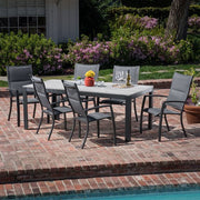 Hanover - Tucson 7pc: 6 Aluminum High Back Padded Chairs, Faux Wood Dining Table - Glass/Gray-United Backyard