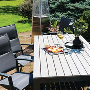 Hanover - Tucson 7pc: 6 Aluminum High Back Padded Chairs, Faux Wood Dining Table - Glass/Gray-United Backyard