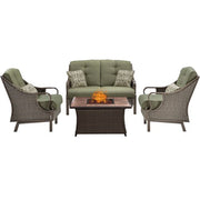 Hanover - Ventura 4pc Fire Pit Set with Tan Tile Top - Brown/Meadow Green-United Backyard