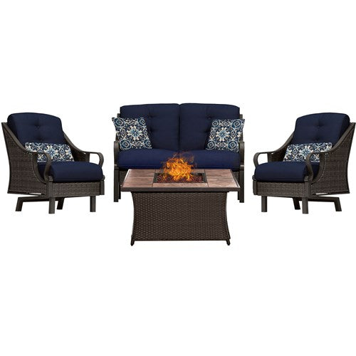 Hanover - Ventura 4pc Fire Pit Set with Tan Tile Top - Brown/Navy-United Backyard