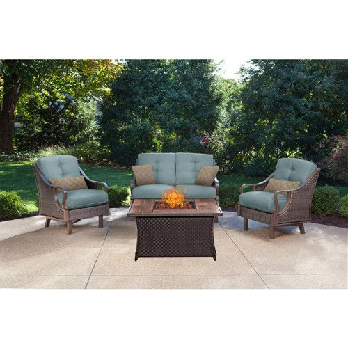 Hanover - Ventura 4pc Fire Pit Set with Wood Grain Tile Top - Brown/Blue-United Backyard