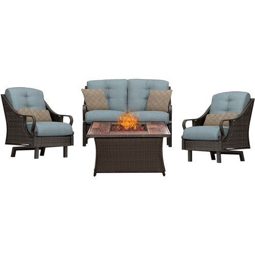 Hanover - Ventura 4pc Fire Pit Set with Wood Grain Tile Top - Brown/Blue-United Backyard