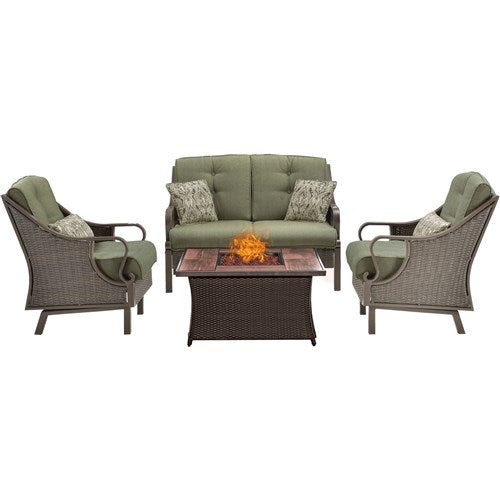 Hanover - Ventura 4pc Fire Pit Set with Wood Grain Tile Top - Brown/Meadow Green-United Backyard