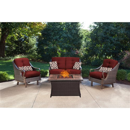 Hanover - Ventura 4pc Fire Pit Set with Wood Grain Tile Top - Brown/Red-United Backyard