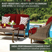 Hanover - Ventura 4pc Seating Set: Sofa, 2 glide chairs, ceramic tile coffee table - Brown/Crimson Red-United Backyard