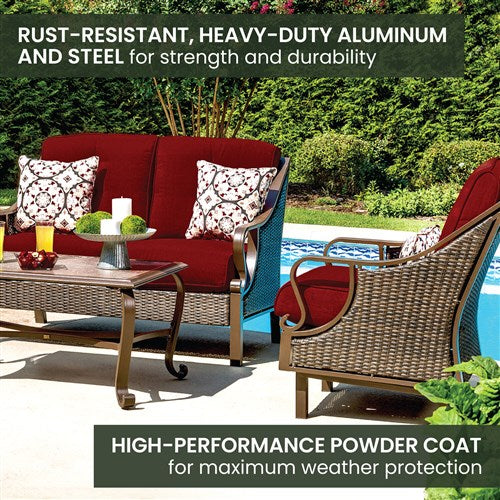 Hanover - Ventura 4pc Seating Set: Sofa, 2 glide chairs, ceramic tile coffee table - Brown/Crimson Red-United Backyard