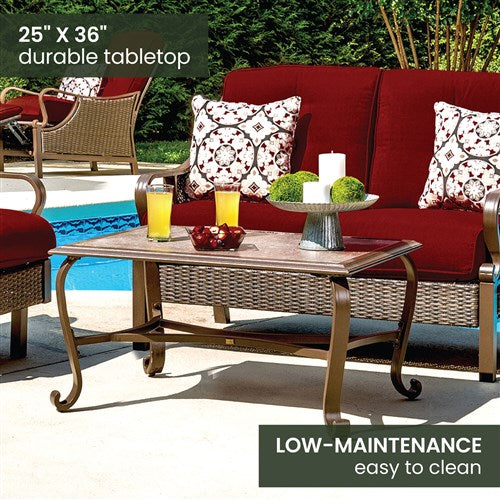 Hanover - Ventura 4pc Seating Set: Sofa, 2 glide chairs, ceramic tile coffee table - Brown/Crimson Red-United Backyard