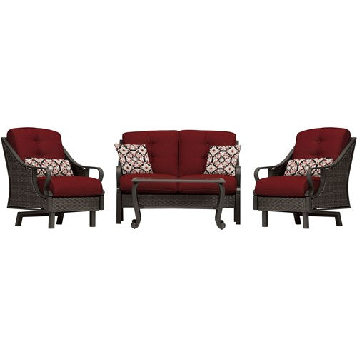 Hanover - Ventura 4pc Seating Set: Sofa, 2 glide chairs, ceramic tile coffee table - Brown/Crimson Red-United Backyard
