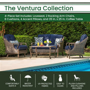 Hanover - Ventura 4pc Seating Set: Sofa, 2 glide chairs, ceramic tile coffee table - Brown/Navy-United Backyard
