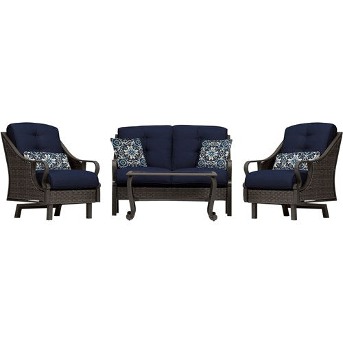 Hanover - Ventura 4pc Seating Set: Sofa, 2 glide chairs, ceramic tile coffee table - Brown/Navy-United Backyard