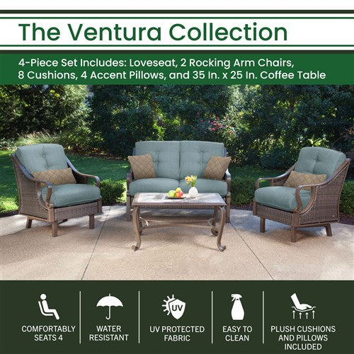 Hanover - Ventura 4pc Seating Set: Sofa, 2 glide chairs, ceramic tile coffee table - Brown/Ocean Blue-United Backyard
