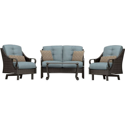 Hanover - Ventura 4pc Seating Set: Sofa, 2 glide chairs, ceramic tile coffee table - Brown/Ocean Blue-United Backyard