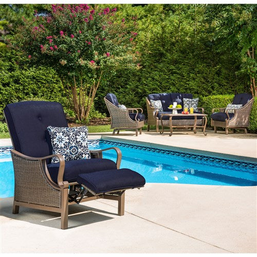 Hanover - Ventura Luxury Recliner with Pillow Accessory, All-weather, Resin Weave - Brown/Navy-United Backyard