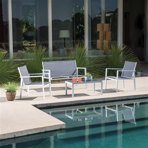 Mod Furniture - 4PC Seating Set: Sling Loveseat, 2 Sling Side Chairs, Coffee Table - White/Gray-United Backyard