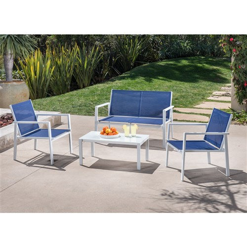 Mod Furniture - 4PC Seating Set: Sling Loveseat, 2 Sling Side Chairs, Coffee Table - White/Navy-United Backyard