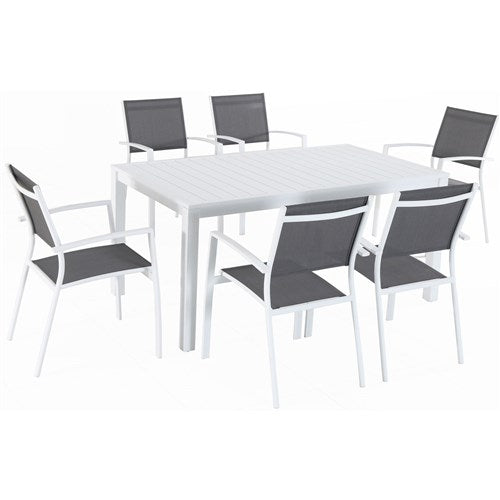 Mod Furniture - 7pc Dining Set: 6 Aluminum Chairs and 1 Slat Rectangle Table - White-United Backyard