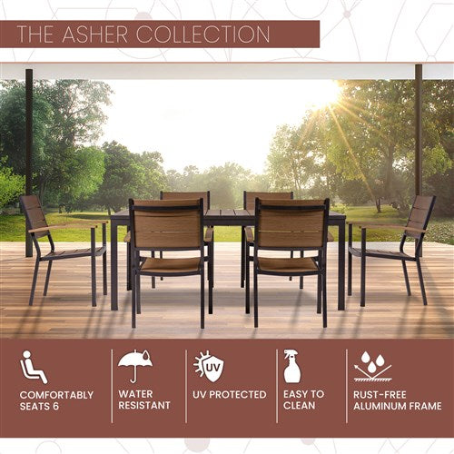 Mod Furniture - Asher7pc Dining Set: 6 Faux Wood Aluminum Chairs and 71"x40" Slat Table - Brown/Grey-United Backyard