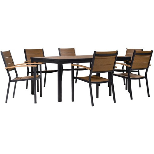 Mod Furniture - Asher7pc Dining Set: 6 Faux Wood Aluminum Chairs and 71"x40" Slat Table - Brown/Grey-United Backyard