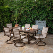 Mod Furniture - Atlas 7pc Dining Set: 6 Swivel Padded Chrs and 74"x40" Tressle Table - Tan-United Backyard