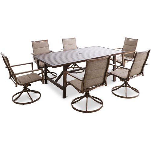 Mod Furniture - Atlas 7pc Dining Set: 6 Swivel Padded Chrs and 74"x40" Tressle Table - Tan-United Backyard