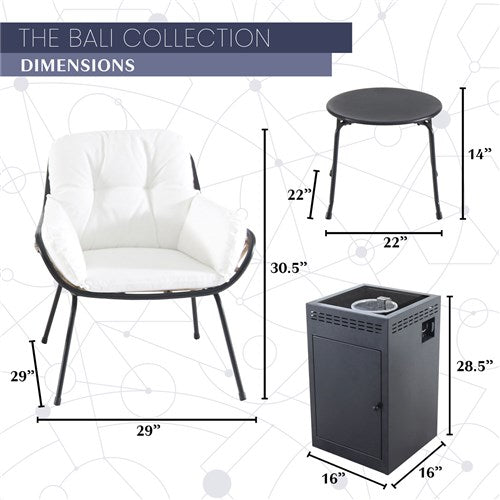 Mod Furniture - Bali 4pc Fire Pit: 2 Chairs w/Pillows, Side Table, Gas Fire Pit - White/Gray-United Backyard