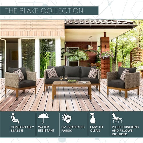 Mod Furniture - Blake 4pc Set: 2 Side Bucket Chairs, Sofa, and Faux Wood Coffee Table - Black/Faux Wood-United Backyard
