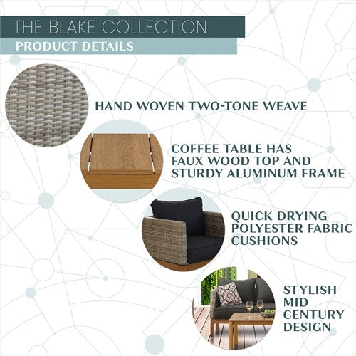 Mod Furniture - Blake 4pc Set: 2 Side Bucket Chairs, Sofa, and Faux Wood Coffee Table - Black/Faux Wood-United Backyard