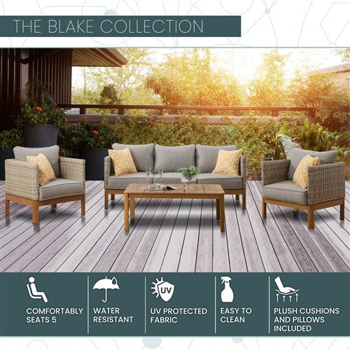 Mod Furniture - Blake 4pc Set: 2 Side Bucket Chairs, Sofa, and Faux Wood Coffee Table - Grey/Faux Wood-United Backyard