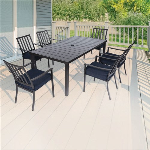 Mod Furniture - Carter 7pc Dining: 7 Slat Alum Chairs and Slat Top Table - Brown/Navy-United Backyard