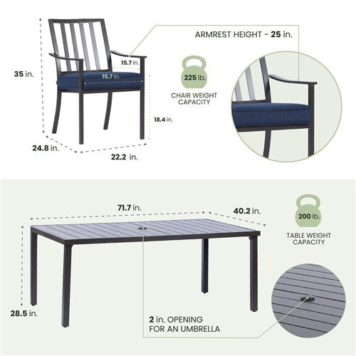Mod Furniture - Carter 7pc Dining: 7 Slat Alum Chairs and Slat Top Table - Brown/Navy-United Backyard