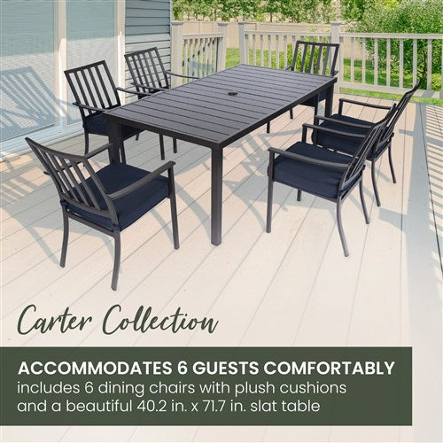 Mod Furniture - Carter 7pc Dining: 7 Slat Alum Chairs and Slat Top Table - Brown/Navy-United Backyard