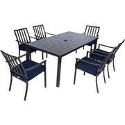 Mod Furniture - Carter 7pc Dining: 7 Slat Alum Chairs and Slat Top Table - Brown/Navy-United Backyard