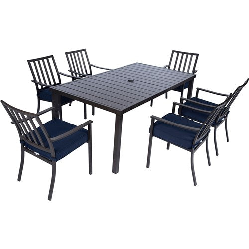 Mod Furniture - Carter 7pc Dining: 7 Slat Alum Chairs and Slat Top Table - Brown/Navy-United Backyard