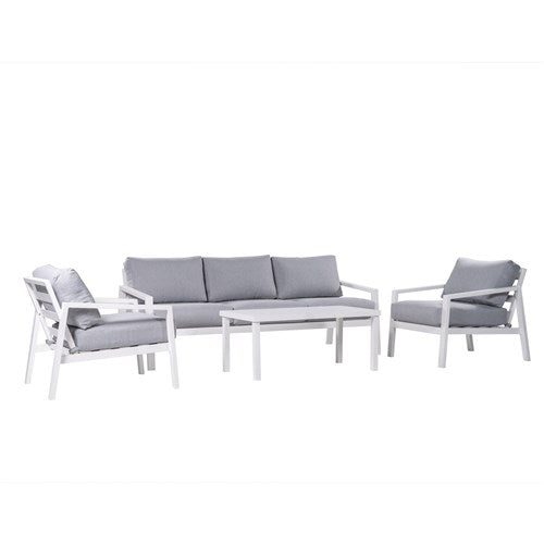 Mod Furniture - Greyson 4pc Seating Set: 2 Cushioned Side Chairs, Sofa, Slat Coffee Table - Grey/White-United Backyard