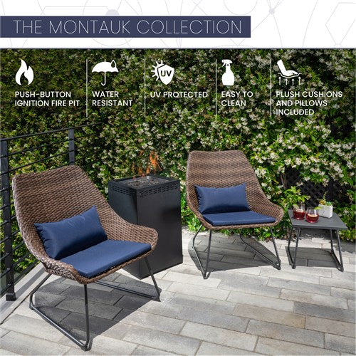 Mod Furniture - Montauk 4pc Fire Pit: 2 Chairs w/Pillow, Side Table, Gas Fire Pit - Navy-United Backyard