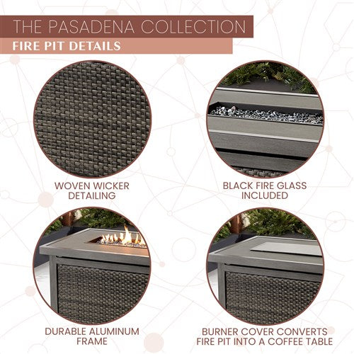 Mod Furniture - Pasadena 6pc Fire Pit Set: 2 Chairs, Sofa, 2 Ottomans, Slat Fire Pit - Grey-United Backyard