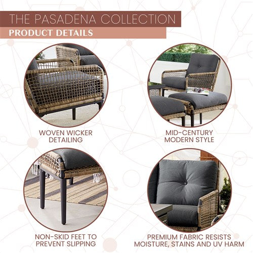 Mod Furniture - Pasadena 6pc Fire Pit Set: 2 Chairs, Sofa, 2 Ottomans, Slat Fire Pit - Grey-United Backyard