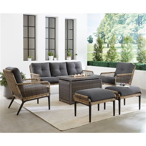 Mod Furniture - Pasadena 6pc Fire Pit Set: 2 Chairs, Sofa, 2 Ottomans, Slat Fire Pit - Grey-United Backyard