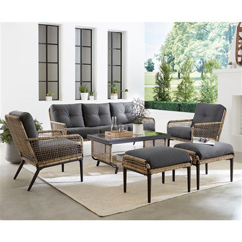 Mod Furniture - Pasadena 6pc Set: 2 Chairs, Sofa, 2 Ottomans, Glass Top Coffee Table - Tan/Charcoal-United Backyard
